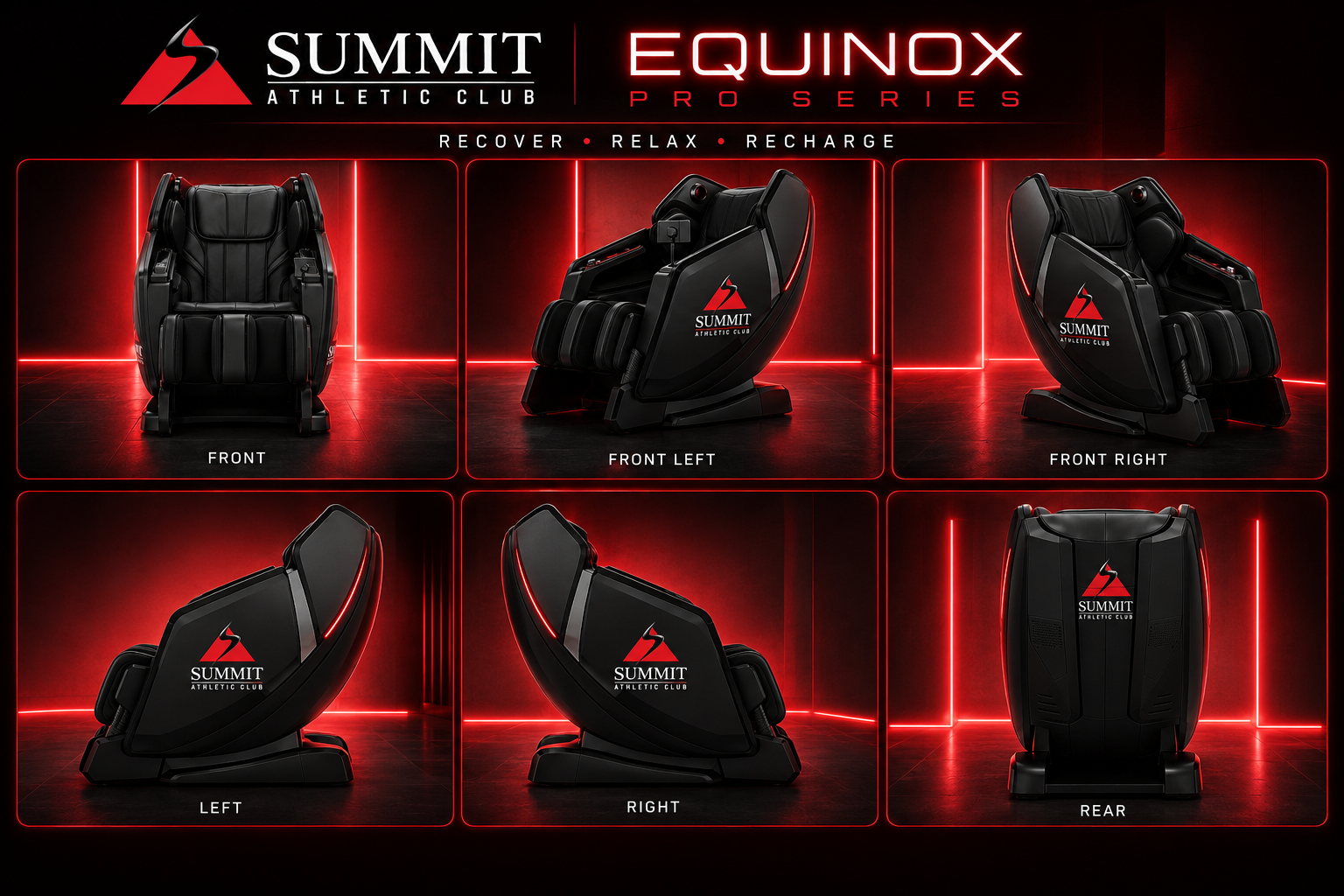 Equinox massage chair shown from front, front left, front right, left, right, and rear