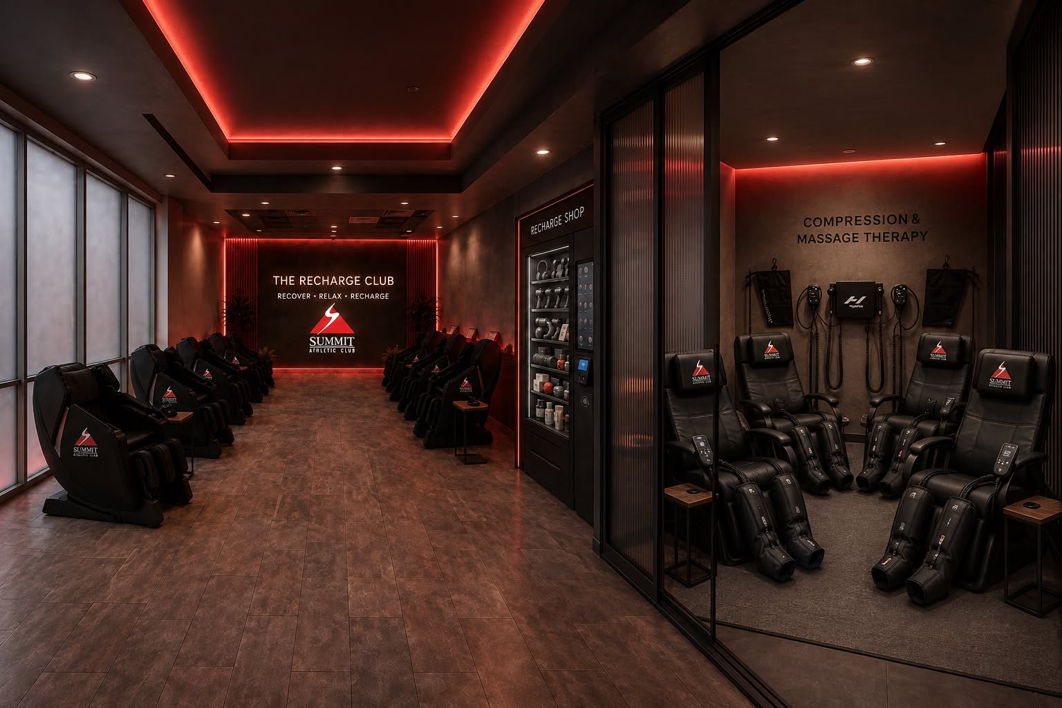 Recovery suite interior with massage chairs, compression therapy stations, and recharge shop