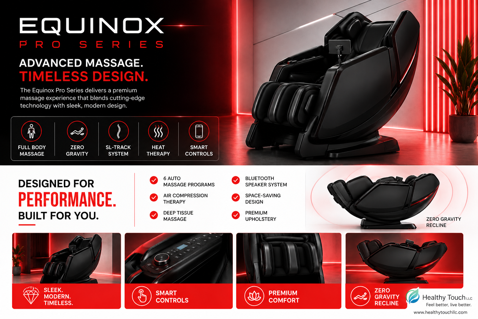 Equinox Pro Series feature overview including full body massage, zero gravity recline, heat therapy, and smart controls